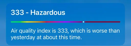 A screencap of the AQI from a weather forecast that says: 333 - Hazardous. Air quality index is 333, which is worse than yesterday at about this time.