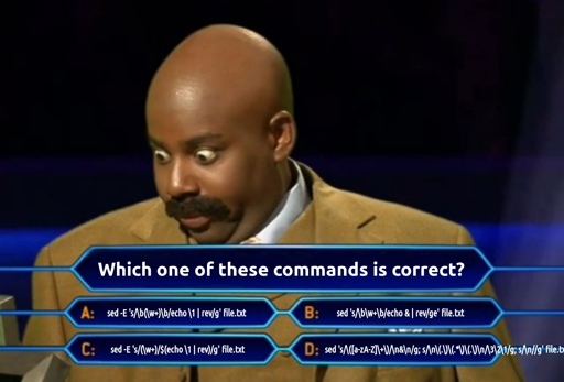 Who wants to be a millionaire meme. The candidate is looking at the question in horror which says "Which one of these commands is correct?", with 4 sed commands as options. One of them os so long it escapes the question box and even the whole picture.