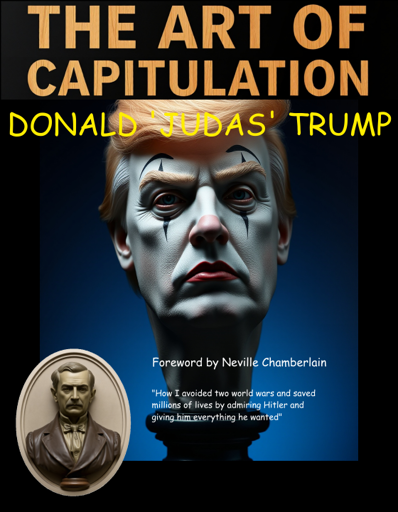 Book cover. The Art of Capitulation by Donald Judas Trump. The cover depicts Trump wearing clown makeup.